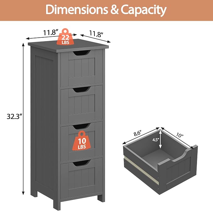 Bathroom Floor Storage Cabinet, Freestanding Wooden Side Organizer w/4 Drawers & Anti-Tip Kit for Bathroom Living Room Hallway Office Study, Grey