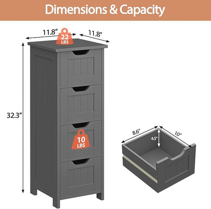 Bathroom Floor Storage Cabinet, Freestanding Wooden Side Organizer w/4 Drawers & Anti-Tip Kit for Bathroom Living Room Hallway Office Study, Grey
