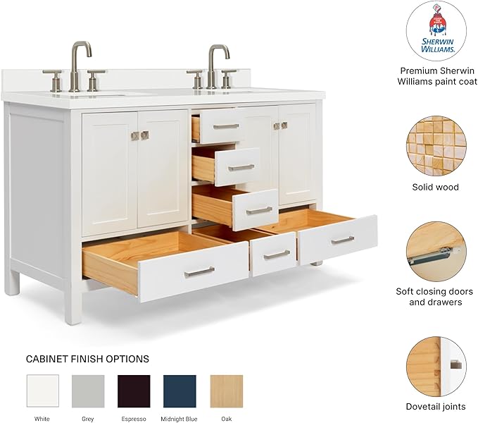 DKB Beckford 60" White Double Bathroom Vanity with Sink, 1.5" Pure White Quartz Countertop, Rectangular Undermount Sinks, 4 Soft Closing Doors, 6 Full Extension Dovetail Drawers
