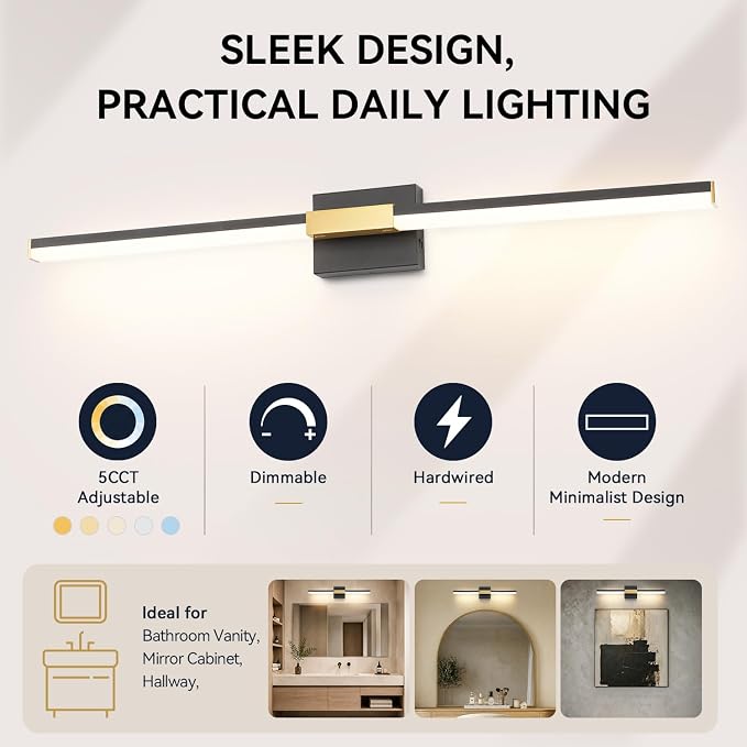 SOLFART Bathroom Light Fixtures 40-Inch: Black and Gold 5CCT Dimmable Vanity Lights for Bathroom, Solid Frosted Acrylic, Built-in Dimmer, 360 Degree Rotation, ETL IP44