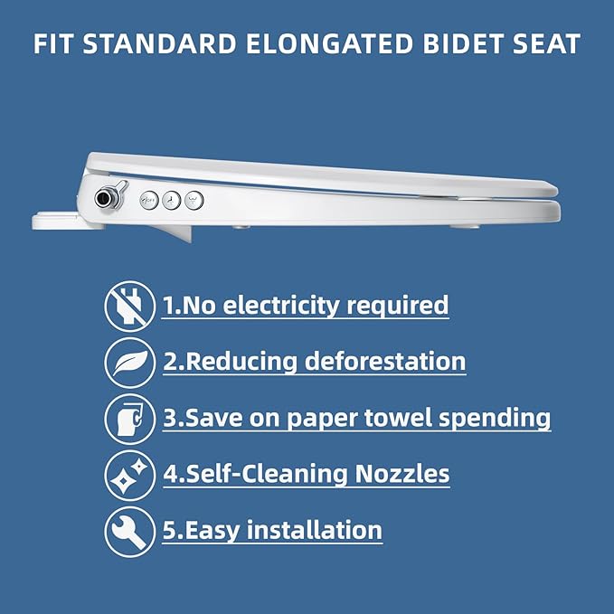 Bidet Toilet Seat, Soft Close Elongated Toilet Seat, Button control Feminine/Posterior Wash Switch, Knob Control Water Pressure,White Bidet Seat Attachment with Brass inlet Easy Installation