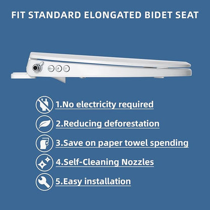Bidet Toilet Seat, Soft Close Elongated Toilet Seat, Button control Feminine/Posterior Wash Switch, Knob Control Water Pressure,White Bidet Seat Attachment with Brass inlet Easy Installation