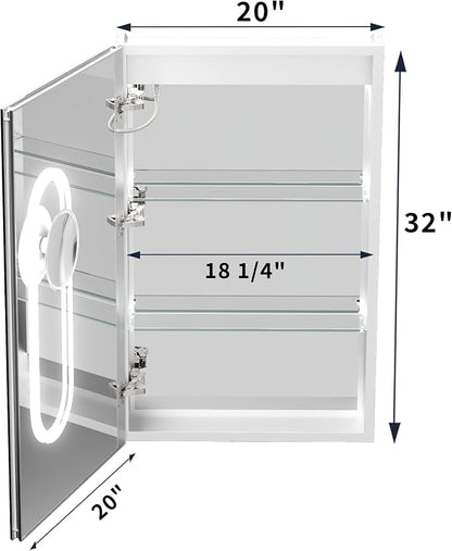 32x20 Lighted Medicine Cabinet with Mirror & Magnifier, LED Medicine Cabinet Mirror for Bathroom, Color Temp, Defogger, Front&Backlit, Built-in Outlets, Dimmable, Soft Close DTC Hinges, Left Opening
