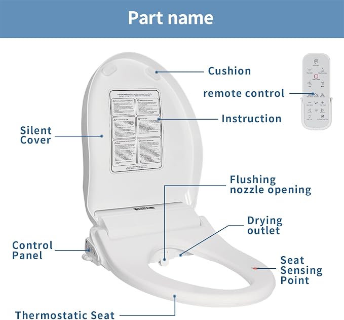 KERDE Electric Toilet Seat, White, Endless Warm Water, Rear and Front Wash, LED Light, Quiet Operation, Wireless Remote,1-click control P30Y.Elongated, for Existing Toilets Bidet