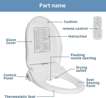 KERDE Electric Toilet Seat, White, Endless Warm Water, Rear and Front Wash, LED Light, Quiet Operation, Wireless Remote,1-click control P30Y.Elongated, for Existing Toilets Bidet