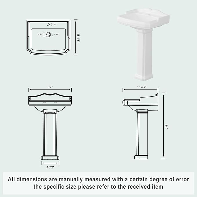 GarveeHome Rectangular Pedestal Sink, 23"L x 19"W White Ceramic Bathroom Vanity Sink, Features Single Faucet Hole and Overflow