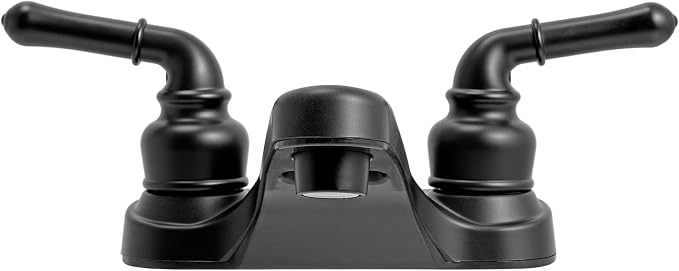 Dura Faucet DF-PL700C-MB RV Two Handle Bathroom Sink Faucet (Matte Black) | Two-hole drop-in design for standard camper sinks; drip-resistant cartridge control.