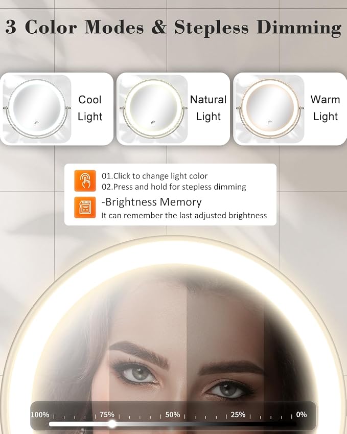 9'' 30X/1X Wall Mounted Height Adjustable Lighted Magnifying Makeup Mirror | 5000mAh Rechargeable Bathroom Mirror with 3 Color Modes Light, Extended Arm Space Saving for Apartment, Hotel, Rental House