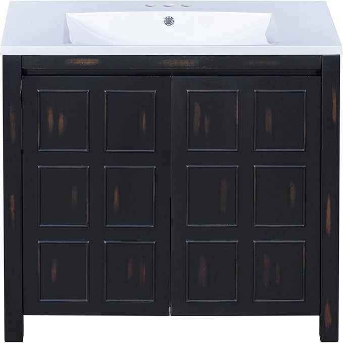 LUMISOL 36" Bathroom Vanity with Sink, Modern Bathroom Vanity with 2 Doors, Adjustable Shelf, Freestanding Bathroom Storage Cabinet with Ceramic Sink, Espresso