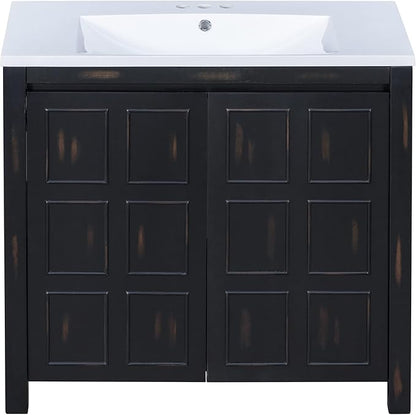 LUMISOL 36" Bathroom Vanity with Sink, Modern Bathroom Vanity with 2 Doors, Adjustable Shelf, Freestanding Bathroom Storage Cabinet with Ceramic Sink, Espresso
