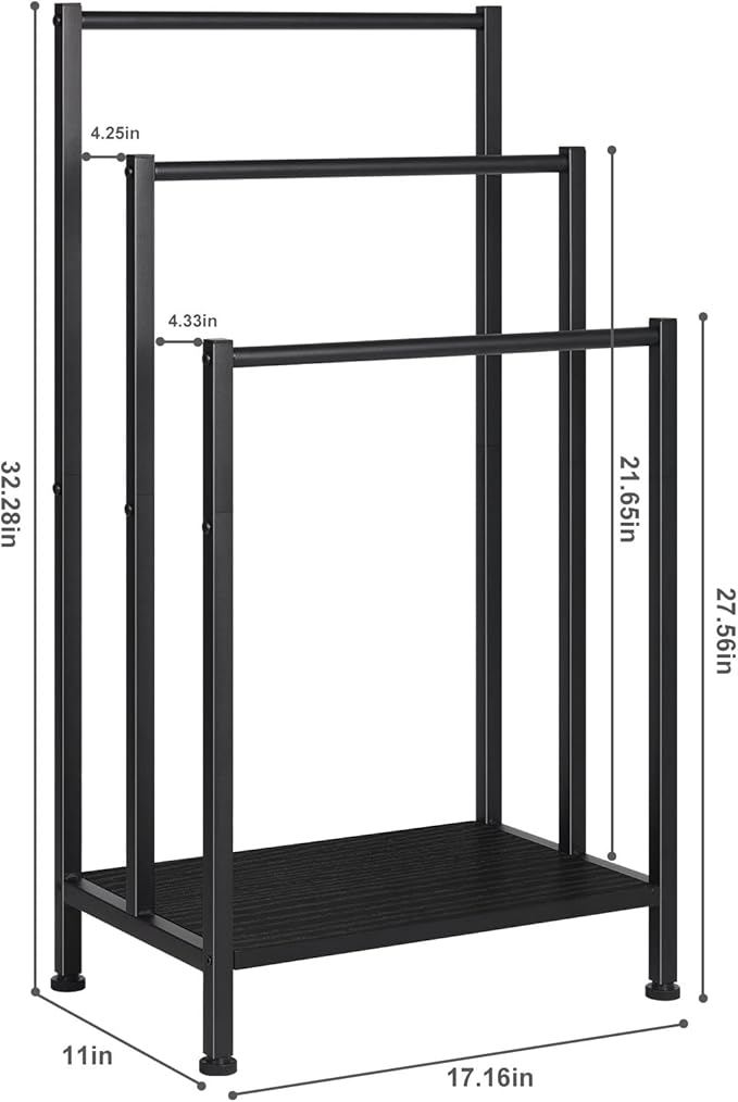 Freestanding Towel Rack, 3 Tier Metal Towel Rack, Black | Towel Racks for Bathroom, Blanket Rack Stand for Bedroom, Bath Towel Holder Stand, Floor Towel Holder with Wooden Storage