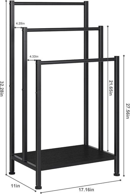 Freestanding Towel Rack, 3 Tier Metal Towel Rack, Black | Towel Racks for Bathroom, Blanket Rack Stand for Bedroom, Bath Towel Holder Stand, Floor Towel Holder with Wooden Storage
