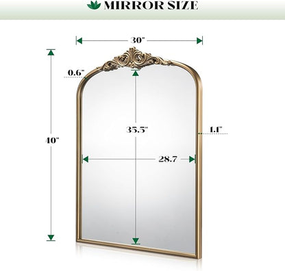 Vintage Baroque Arched Wall Mirror, 30"x40" Antique Gold Bathroom Wall Mirrors, Large Ornate Arch Bronze Mirror for Over Sink, Fireplace, Entryway, Living Room, Hanging or Leaning