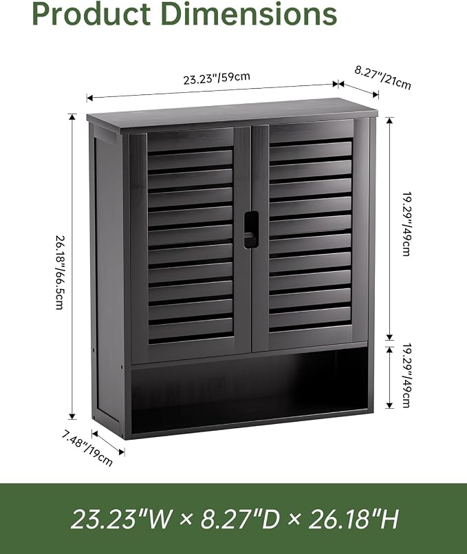 SMIBUY Bathroom Cabinet Wall Mounted, Bamboo Over-The-Toilet Storage Organizer, Space Saver Medicine Cabinet with 2 Door and Adjustable Shelves (Black)