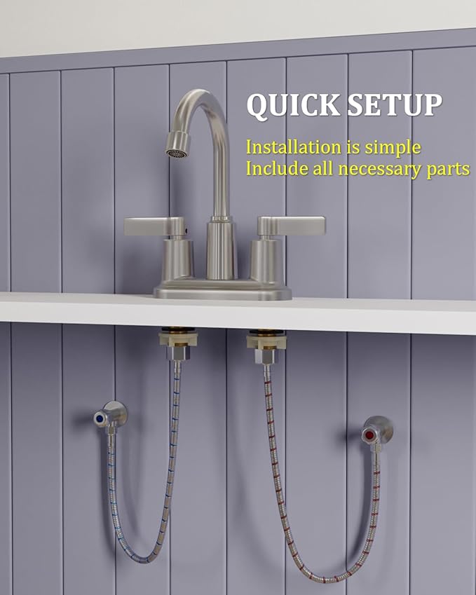Bathroom Faucets for Sink 3 Hole, Evolvegoods 4 Inch Brushed Nickel Bathroom Faucet with Pop Up Drain and 2 Supply Hoses, 2-Handle Centerset Faucet for Sink Vanity RV