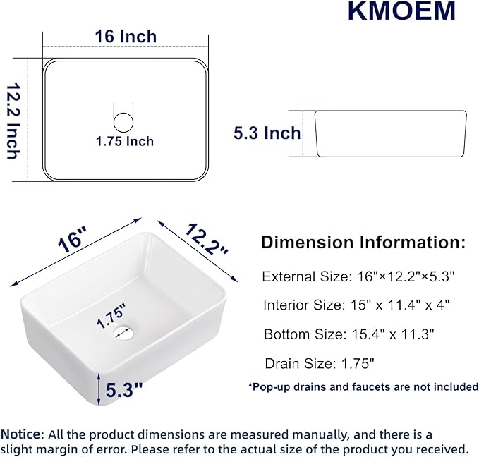 Vessel Sink 16"x12" Rectangular Bathroom Sink Modern White Porcelain Ceramic Above Counter Drop-in Vanity Sink for Bathrooms Art Basin