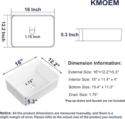 Vessel Sink 16"x12" Rectangular Bathroom Sink Modern White Porcelain Ceramic Above Counter Drop-in Vanity Sink for Bathrooms Art Basin