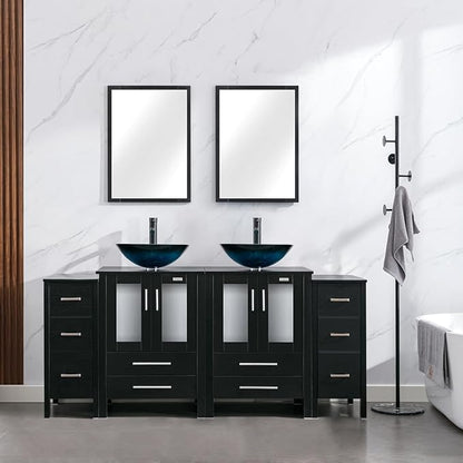 eclife 72" Modern Bathroom Vanity Sink Combo Freestanding Cabinet with Small Side Cabinet, Turquoise Square Glass Vessel Sink, Water Save Faucet, Drain (Black+A10)