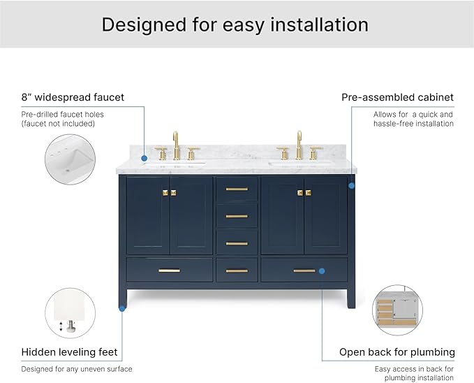 ARIEL Cambridge 60-inch Bathroom Vanity with Sink,Solid Wood, 1.5-inch Italian Carrara Marble Countertop, Double Rectangular Porcelain Sink, 4 Soft Closing Doors, 6 Dovetail Drawers, Midnight Blue