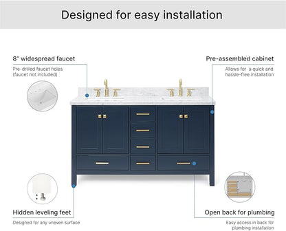 ARIEL Cambridge 60-inch Bathroom Vanity with Sink,Solid Wood, 1.5-inch Italian Carrara Marble Countertop, Double Rectangular Porcelain Sink, 4 Soft Closing Doors, 6 Dovetail Drawers, Midnight Blue