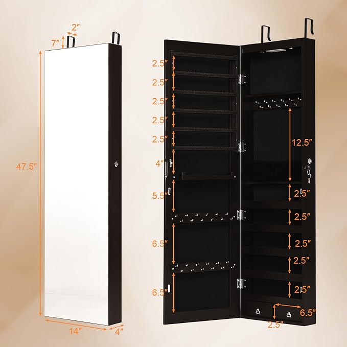 NAFORT 2 LEDs Mirror Jewelry Cabinet, 47.5-Inch Tall Wall or Door Mounted Jewelry Organizers and Storage with Frameless Full-length Mirror, Lockable Jewelry Armoire with 2 Drawers, Espresso