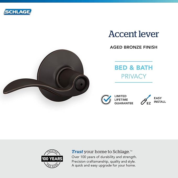 Schlage F40 ACC 716 Accent Door Lever, Bed & Bath Privacy Lock, Aged Bronze