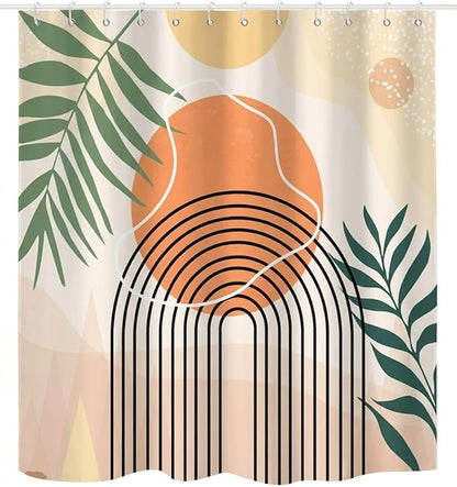 Mid Century Shower Curtain, Stall Abstract Boho Minimalistic Arch Sun Leaf Machine Washable Waterproof Fabric for Bathroom Bathtub with Hooks 60Wx72H