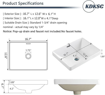 Bathroom Vessel Sink 16.7" X 12.6" Semi Recessed Bathroom Sink Rectangular Drop In Bathroom Sinks with Overflow White Ceramic Vessel Sinks for Bathroom Modern Above Counter Basin Vanity Sink