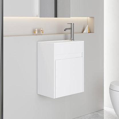 eclife 16" Small Bathroom Vanity Sink Combo, Modern Painted Wall Mounted Floating Cabinet W/Resin Basin Sink Top, Chrome Water Save Faucet & Pop Up Drain (White)