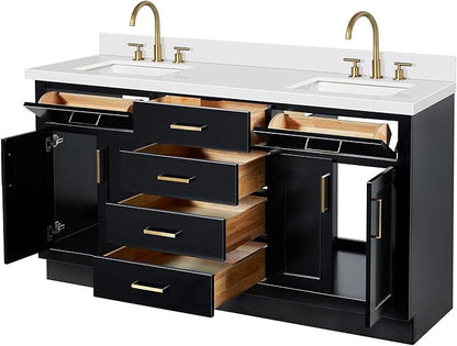 ARIEL Hepburn 66-inch Bathroom Vanity with Sink,Solid Wood, 1.5-inch Pure White Quartz Countertop & Backsplash, Double Rectangular Porcelain Sink, 4 Soft Closing Doors, 6 Dovetail Drawers, Black
