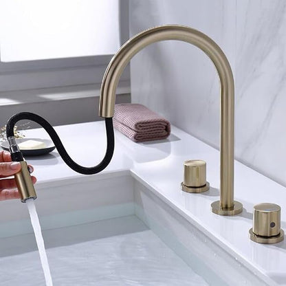 3 Hole Basin Faucets Pull Out Basin Mixer Faucet Bathroom Mixer Faucet 2 Mode Nozzle Hot and Cold Water Brass Double Handle-Brushed Gold