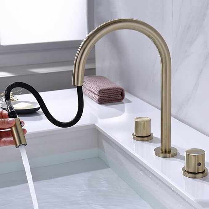 3 Hole Basin Faucets Pull Out Basin Mixer Faucet Bathroom Mixer Faucet 2 Mode Nozzle Hot and Cold Water Brass Double Handle-Chrome Plated
