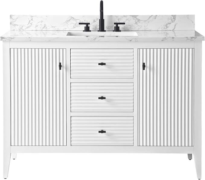 Vanity Art 48 inch Bathroom Vanity with Single Sink & Ceramic Top, Vanity Cabinet with Soft-Closing Door, Solid Wood Frame, Linear Pattern, White, VA9148-W-MB,Matte Black Handles