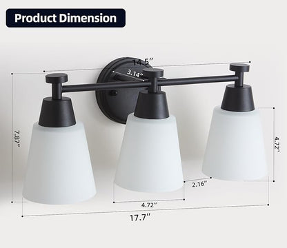 3 Light Bathroom Vanity Light, Modern Matte Black Stainless Steel Over Mirror Vanity Light Fixture with Frosted Glass, Wall Sconces Lighting for Bedroom Living Room
