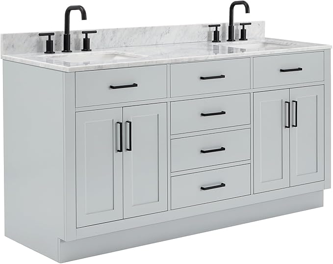 ARIEL Hepburn 66-inch Bathroom Vanity with Sink,Solid Wood, 0.75-inch Italian Carrara Marble Countertop, Double Rectangular Porcelain Sink, 4 Soft Closing Doors, 6 Dovetail Drawers, Grey