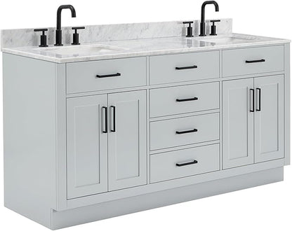 ARIEL Hepburn 66-inch Bathroom Vanity with Sink,Solid Wood, 0.75-inch Italian Carrara Marble Countertop, Double Rectangular Porcelain Sink, 4 Soft Closing Doors, 6 Dovetail Drawers, Grey