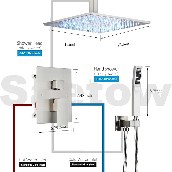 Shower System 12 Inch LED Square Showerhead Shower Faucet Set Shower Kit with Handheld Spray SUS304 Stainless Steel Shower Trim Kit Handheld shower with Rough-in Valve Brushed Nickle…