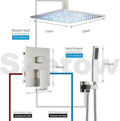 Shower System 12 Inch LED Square Showerhead Shower Faucet Set Shower Kit with Handheld Spray SUS304 Stainless Steel Shower Trim Kit Handheld shower with Rough-in Valve Brushed Nickle…