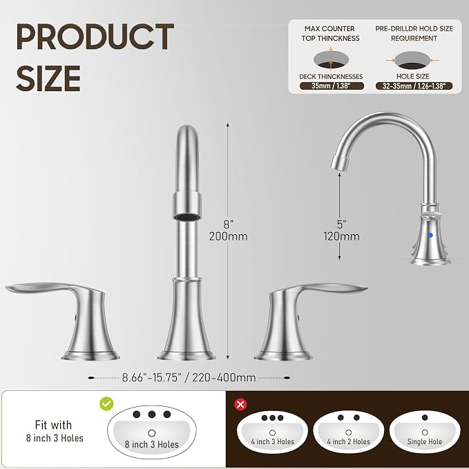 Brushed Nickel Widespread 8 Inch 3 Holes Bathroom Faucet，Two Handles Stainless Steel Bathroom Sink Faucet with Metal Pop-Up Drain and Water Supply Lines, WFTY36-BN