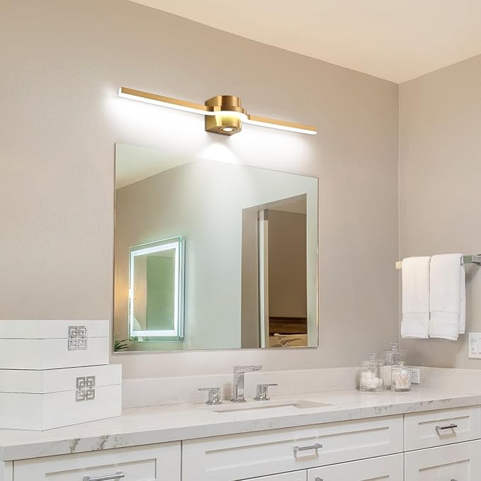 SOLFART Bathroom Light Fixtures 32 Inch Dimmable Bathroom Lights Brushed Bronze Vanity Lights for Bath LED Modern Wall Light D