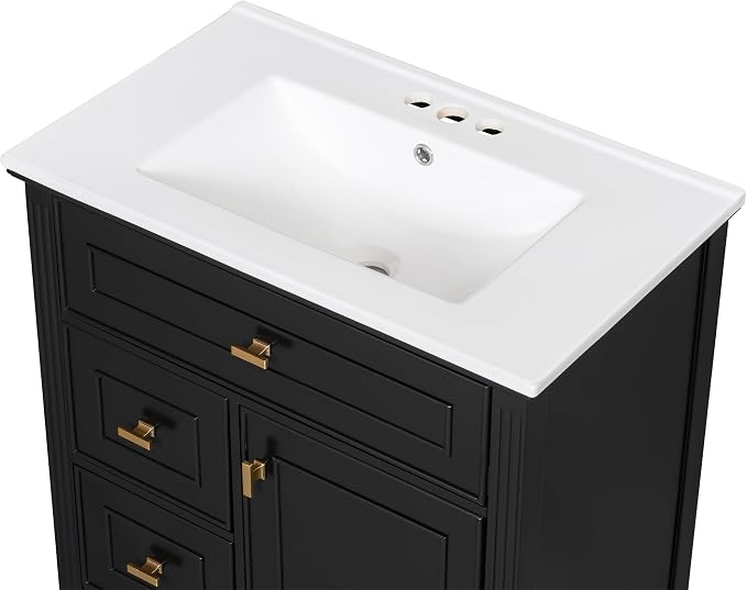 30" Bathroom Vanity with Ceramic Sink, 1 Flip Drawer & 2 Side Drawers, Modern Freestanding Storage Cabinet w/Adjustable Shelf & Golden Metal Handles, Solid Wood Frame, Black