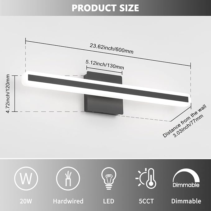 JUSHENG Black Vanity Lights for Bathroom, 24 Inch 20W 5CCT Dimmable Bathroom Light Fixtures Over Mirror, Modern LED Vanity Light Bar Above Mirror