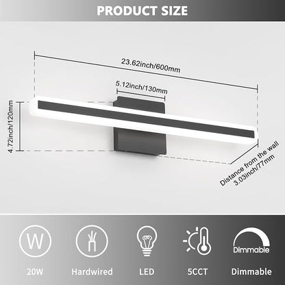 JUSHENG Black Vanity Lights for Bathroom, 24 Inch 20W 5CCT Dimmable Bathroom Light Fixtures Over Mirror, Modern LED Vanity Light Bar Above Mirror