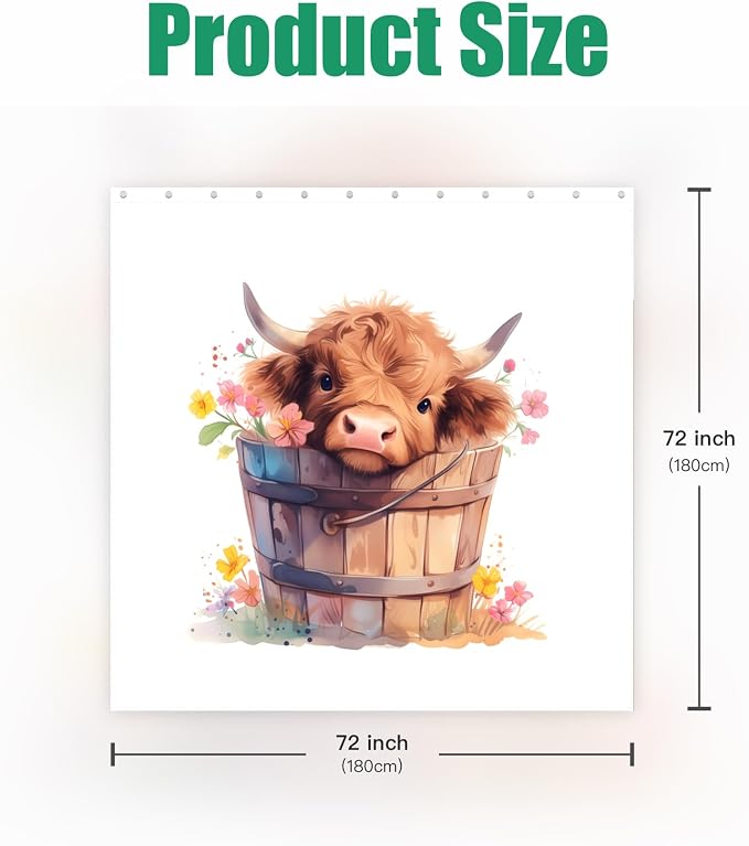 Shower Curtain for Bathroom Stall Boho Modern Cute Aesthetic Decorative Girly Waterproof Unique Highland Cow Girls Chic Print Design Teen Pretty Women Cortinas de Baño Bathtub 72 x72 Inch
