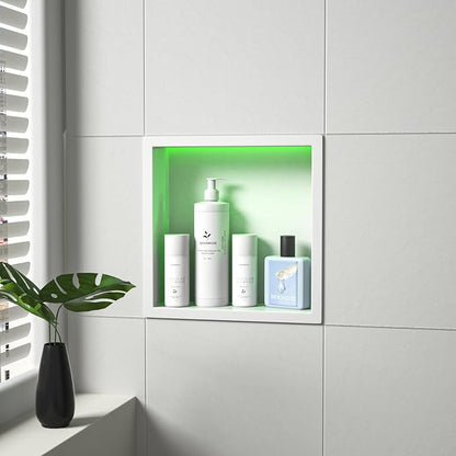 Stainless Steel Shower Niche 12" X 12" White with RGB Light No Tile Needed Recessed Wall Led Shower Niche for Bathroom Storage Waterproof Hardwired Dimmable Over Mount Installation