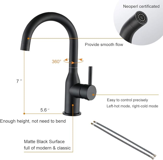 WOWOW Black Bathroom Faucet - Stainless Steel Single Handle Bar Sink High Arc Lavatory Mixer - Small Kitchen Tap With Supply Hoses