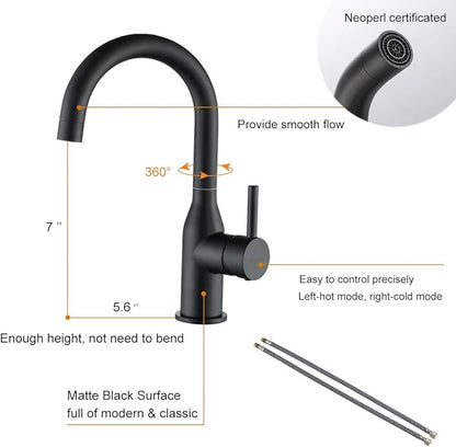 WOWOW Black Bathroom Faucet - Stainless Steel Single Handle Bar Sink High Arc Lavatory Mixer - Small Kitchen Tap With Supply Hoses