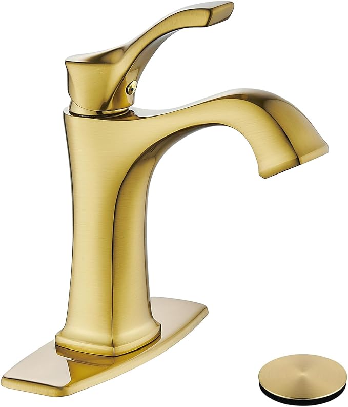 Brushed Gold Single Handle Bathroom Faucet, Deck Mount, 1 or 3 Hole Centerset, Solid Brass Body, Ceramic Disc Cartridge, Easy Installation, 6-Inch Deck Plate