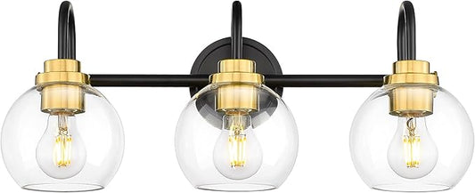 Bathroom Light Fixtures, 3-Light Black and Gold Vanity Lights with Globe Clear Glass, Modern Vanity Lighting Fixtures Over Mirror, AD-22280-3W-KG