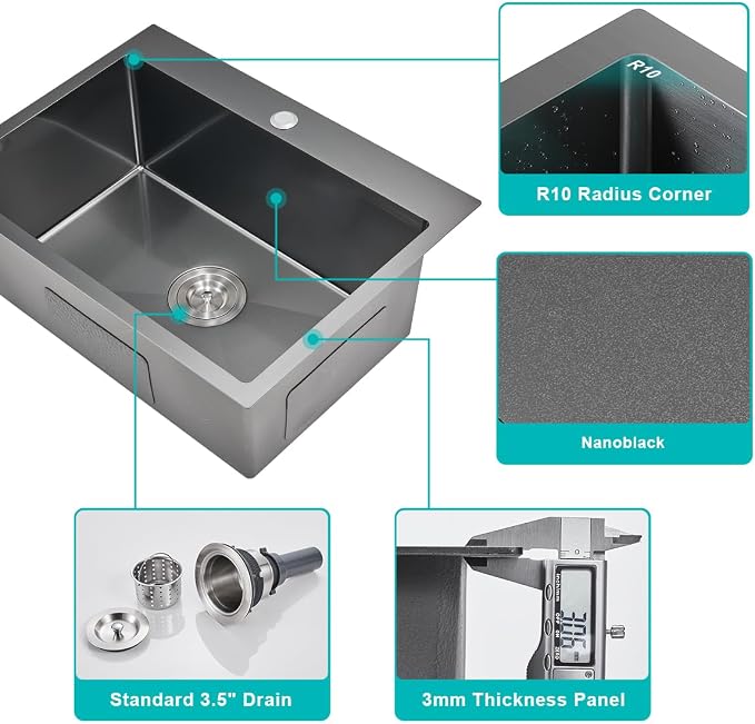 24 Inch Drop in Kitchen Sink Black, 18 Gauge Stainless Steel | Single Bowl Single Hole Topmount Sink, 24"x18"x9" Basin Sink for Small Kitchen, Bar and RV